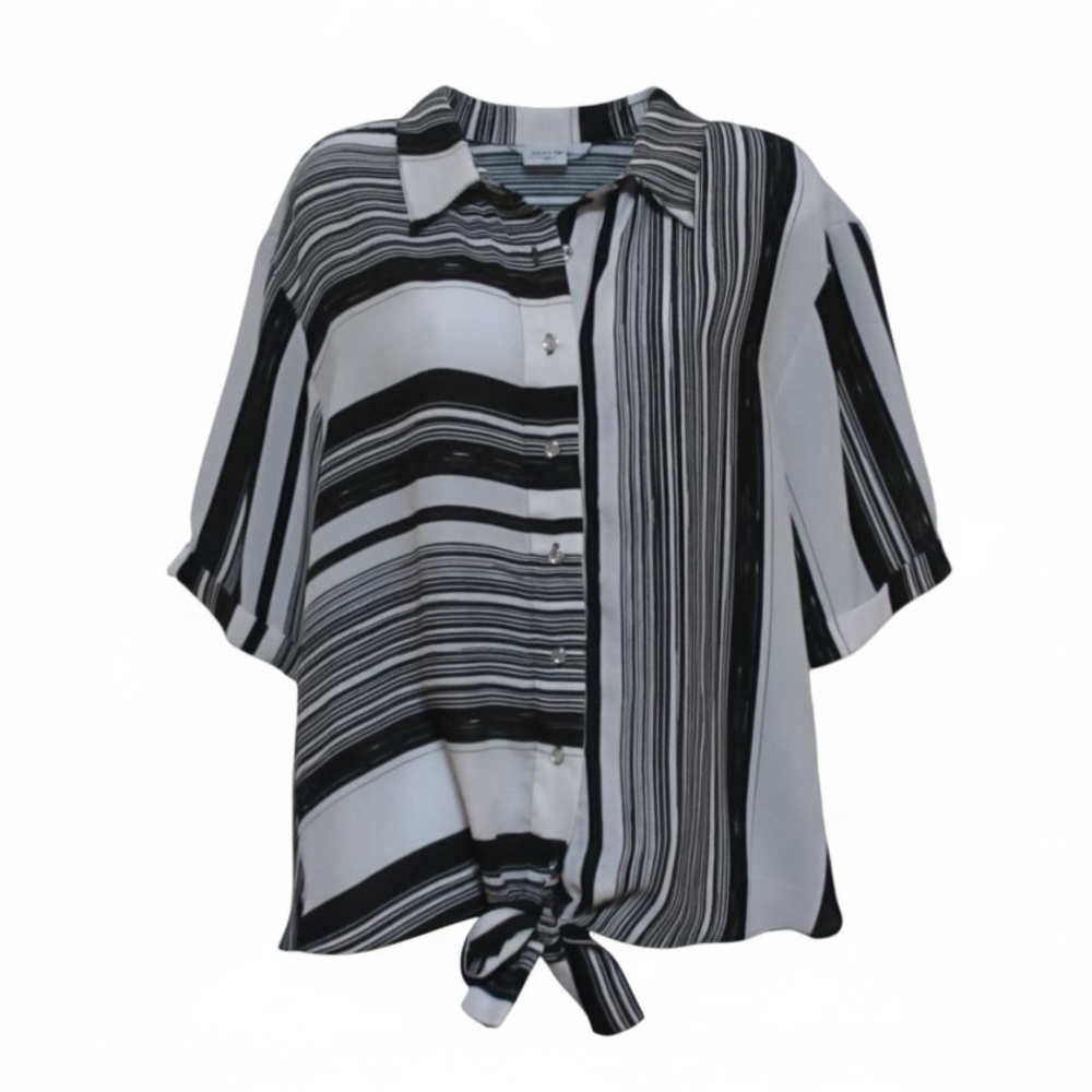 Striped Black and White Women's Top Size XL Button Up Tie Knot